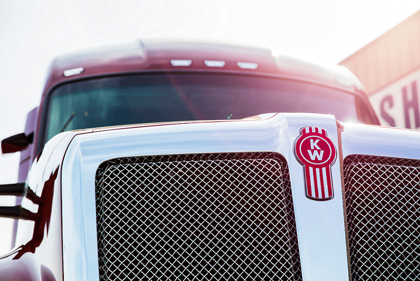 Close-up of Kenworth logo on truck