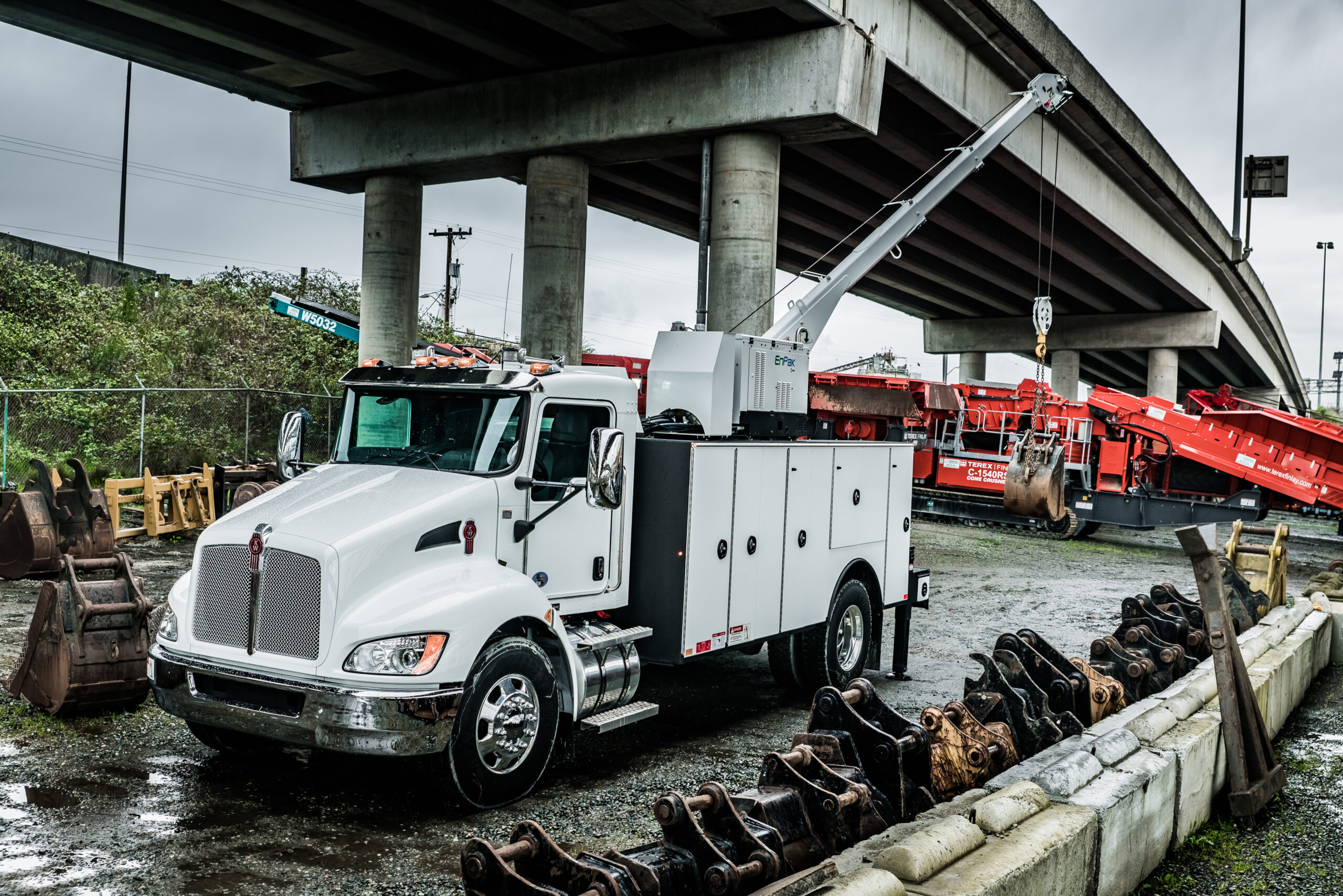 Stellar mechanic truck with service crane operating outdoors for field service operations and equipment repair support