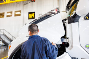 Kenworth T880 truck receiving service at Pape Kenworth before operating at a ready-mix or aggregate jobsite to support hauling and daily production